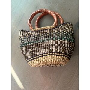 Handmade Bolga Market Basket Woven Straw Tote Bag Leather Handles Brown Green